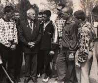 The veteran of Great Patriotic War and Hero of the Soviet Union recounts to the younger generation about feats and passed battle path, April 2000, Yerevan